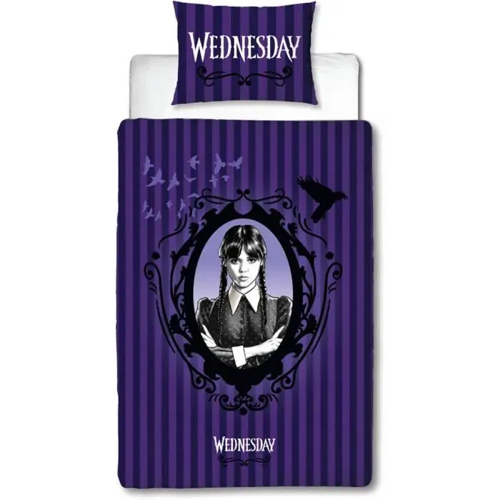 Wednesday - Parure de lit réversible MERCREDI en microfibre, 1 housse de couette 140 x 200 cm + 1 taie 63 x 63 cm - Licence officielle