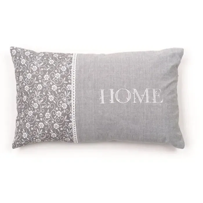 Today - Coussin brodé Capucine, housse en coton 100% avec broderie HOME et finition dentelle, 30 x 50 cm, déhoussable, gamme Charme