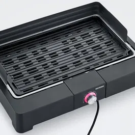 Severin Barbecue Électrique de Table PG8567 avec Grille en Fonte d'Aluminium 44.5 x 26 cm, Thermostat Réglable 2200W, Pare-Vent Amovible, SafeTouch