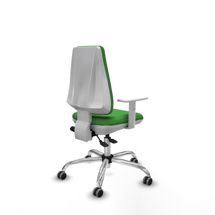 Chaise Elche Asynchrone Tissu Vert Structure chromée Accoudoirs blancs Sans appui-tête Roulettes 65mm pour moquette