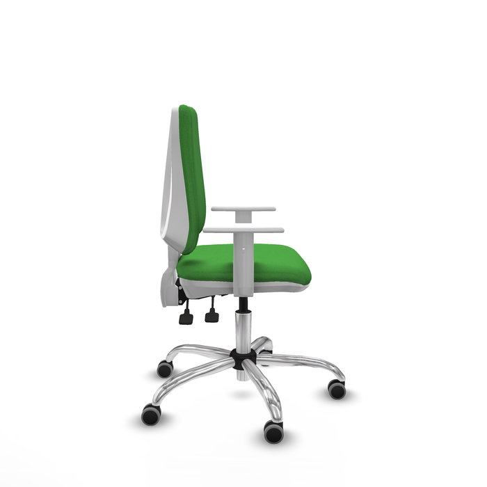 Chaise Elche Asynchrone Tissu Vert Structure chromée Accoudoirs blancs Sans appui-tête Roulettes 65mm pour moquette