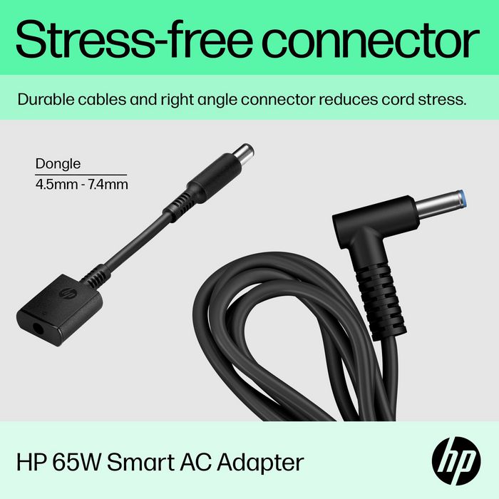 HP Adaptateur Secteur Intelligent 65W - Alimentation PC Portable avec Connecteur à Angle Droit 4.5mm, Technologie Smart Pin et Dongle de Conversion 7.4mm