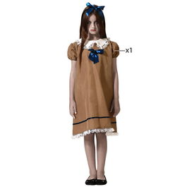 Déguisement de Poupée Vintage Effrayante, Marron avec Nœud Bleu - Pour Fille 10-12 Ans, Halloween, Fête Thématique, Confortable en Polyester