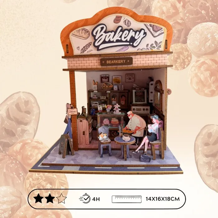 Nookland - Book Nook Kit DIY à Construire, Maquette 3D Serre Livre Mini-Boulangerie - Décor Intime avec Table et Chaises - 14 x 16 x 26,5 cm