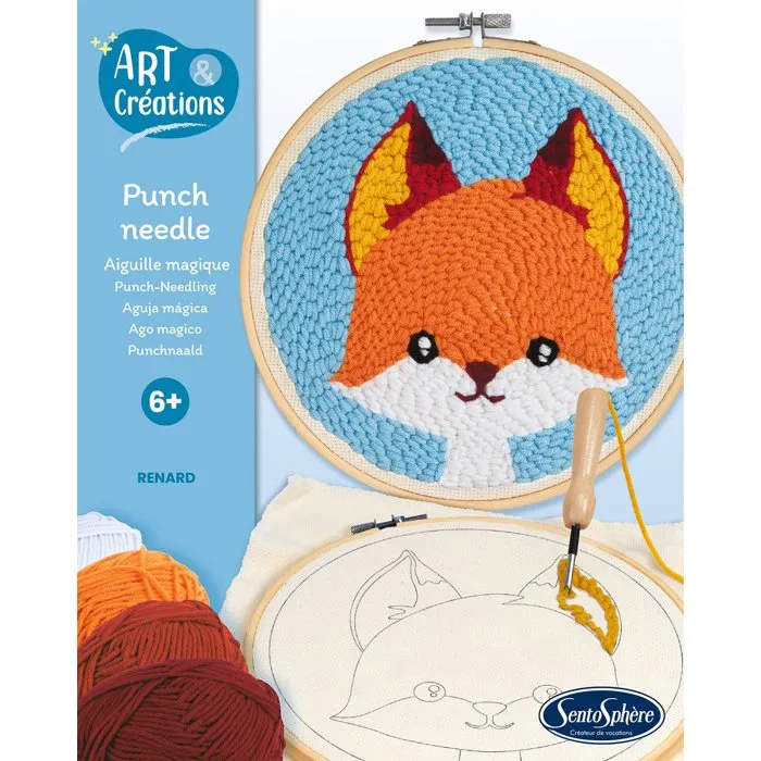 Sentosphere - Kit de Broderie Punch Needle Aiguille Magique - Art & Créations - Renard - Initiation au Crochet - Dès 6 Ans - Illustration pour Tableau ou Coussin