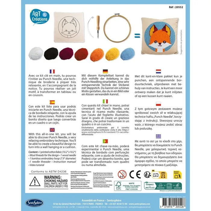 Sentosphere - Kit de Broderie Punch Needle Aiguille Magique - Art & Créations - Renard - Initiation au Crochet - Dès 6 Ans - Illustration pour Tableau ou Coussin