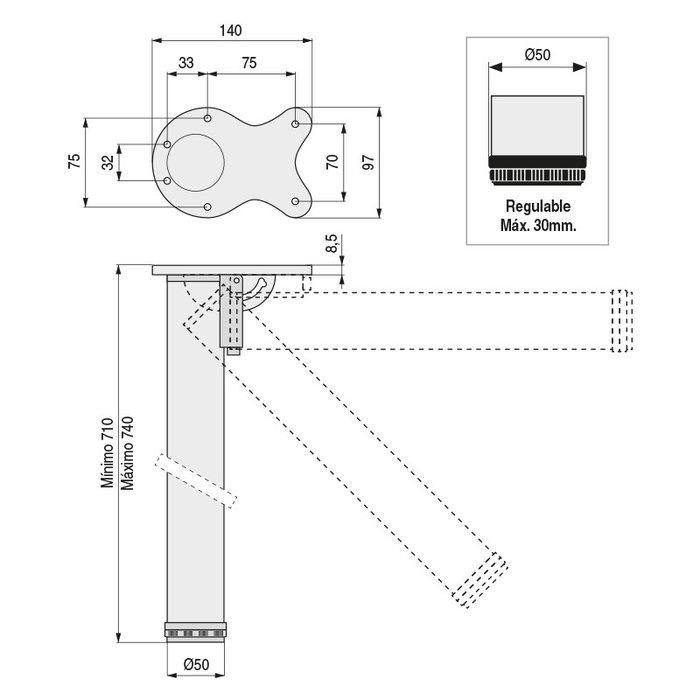 HERRAJES ALK Pied de Table Pliable Ø50 mm Réglable H710-740 mm Nickel Satiné