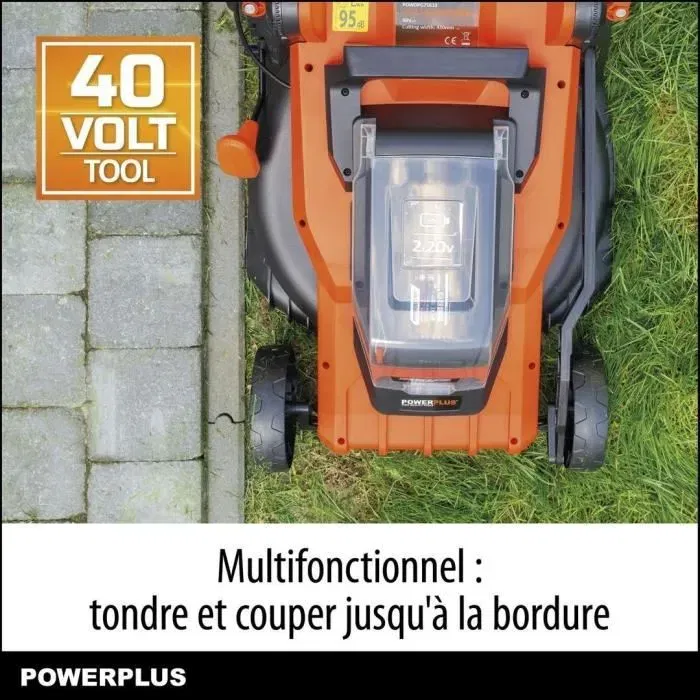 Dual Power POWDPGLWS2 - Tondeuse à gazon sur batterie 40V, coupe 420mm, moteur sans balais, 6 hauteurs, sac collecteur 50L inclus