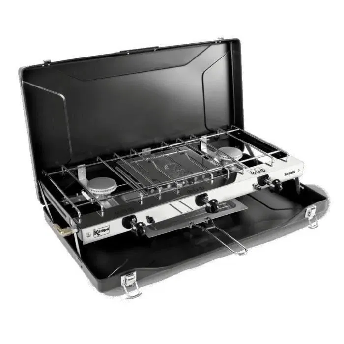 Kampa Fornello - Réchaud à gaz 2 feux avec gril, portable pour camping, couleur Noir - Réf. KAMPA Fornello