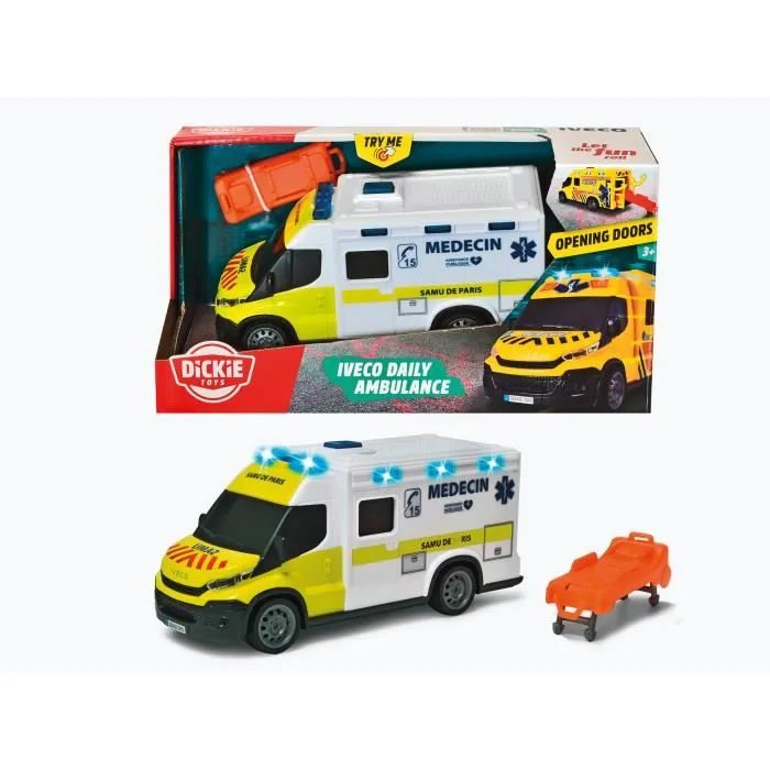 Dickie Toys - Ambulance Samu - Réplique IVECO Daily - Roue libre avec effets sonores et lumineux - Jouet pour enfant dès 3 ans