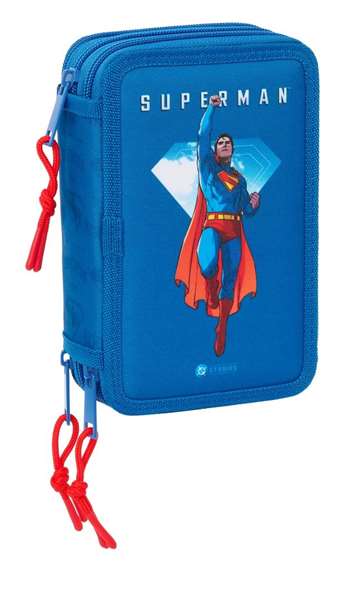 Safta Plumier Triple 37 Pcs Superman 12,5x19,5x5,5 cm - Trousse de Scolaire avec Fournitures - Enfant