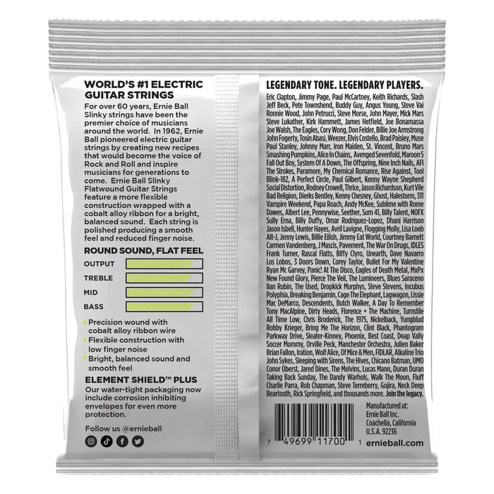 ERNIEBALL Regular Slinky Flatwound 10-46 Jeu de cordes pour guitare électrique avec entorchage plat en alliage de cobalt