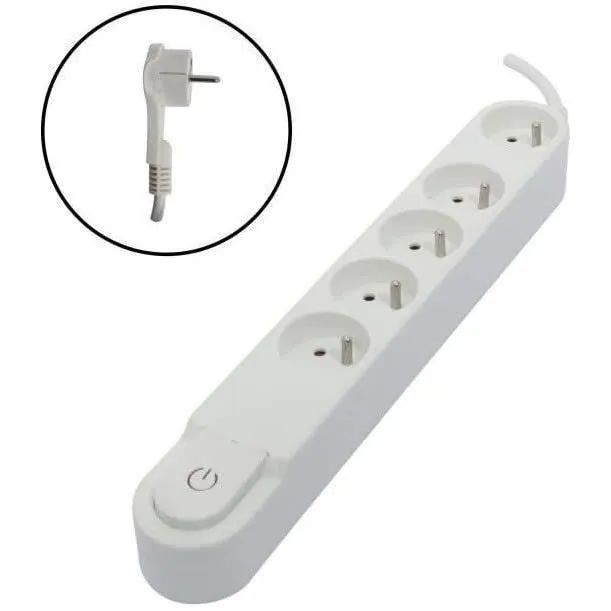 Chacon Multiprise 5 Prises Blanche avec Interrupteur, 16A 3500W, Câble 1.5m HO5VV-F 3x1.5mm², Fiche Plate, Fixation Murale