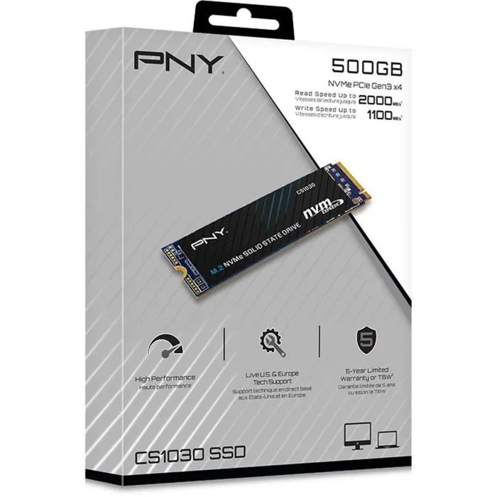 PNY CS1030 SSD M.2 2280 NVMe 500 Go, PCIe 3.0 x4, jusqu'à 2000 Mo/s Lecture, 1100 Mo/s Écriture - M280CS1030-500-RB