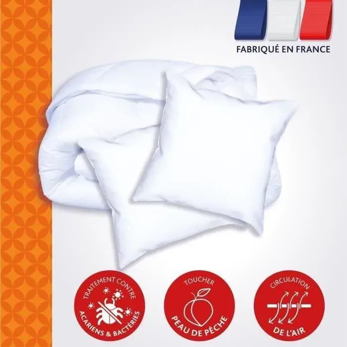 DODO Pack Couette et Oreillers Splendeur Anti-Acariens 220x240 cm + 2x60x60 cm - Garnissage Volupt'Air 350gr/m² - Blanc