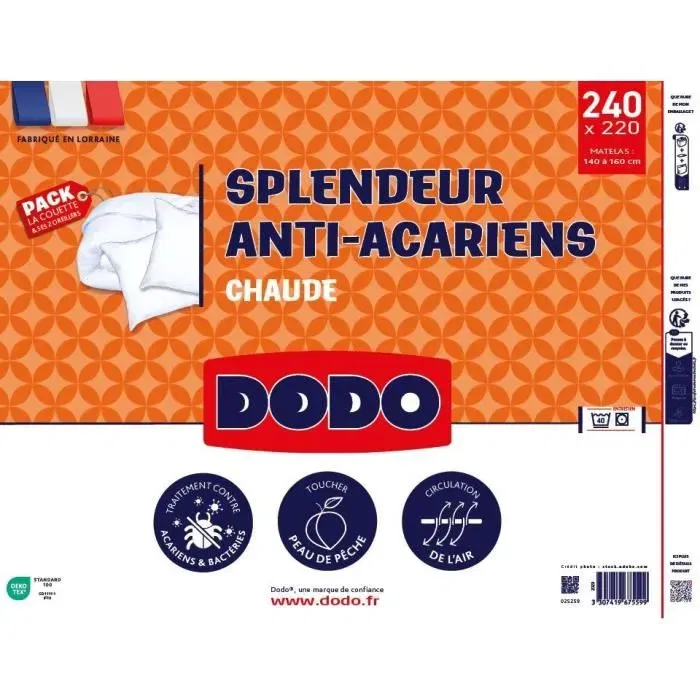 DODO Pack Couette et Oreillers Splendeur Anti-Acariens 220x240 cm + 2x60x60 cm - Garnissage Volupt'Air 350gr/m² - Blanc