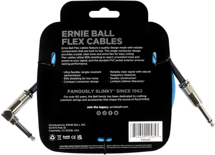 Ernie Ball Cable Instrument Flex Jack-Jack 6,35 mm 3 M Bleu Ernie Ball Cable Instrument Flex Jack-Jack 6,35 mm 3 M Bleu