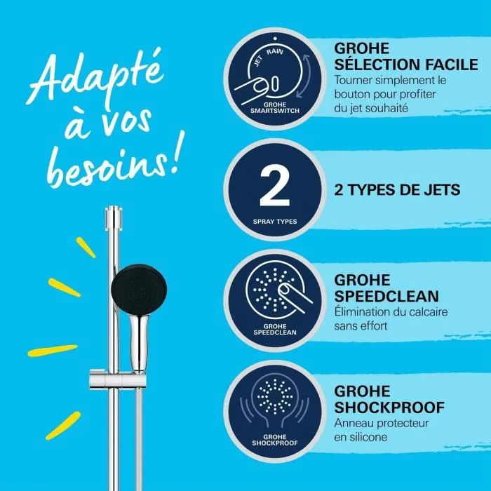 GROHE - Ensemble de douche Vitalio Start 110 26951001 - Pommeau 2 jets 11 cm, barre 60 cm, flexible 1,75 m, fonction économie d'eau - Chromé