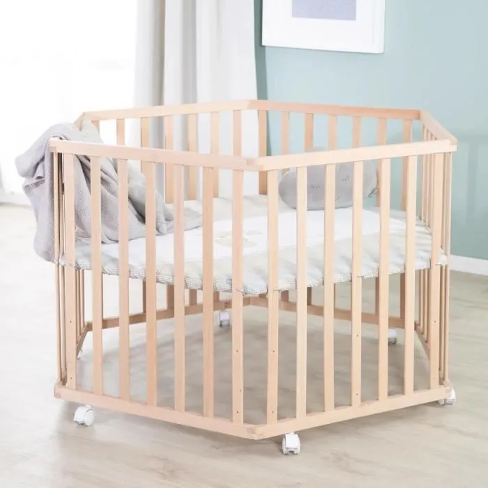 Roba Parc bébé hexagonale en bois naturel réglable en hauteur avec fond houssable motif ourson, 6 roues freinées, dimensions 119x103.5x72.5 cm