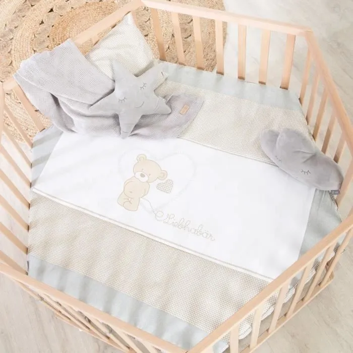 Roba Parc bébé hexagonale en bois naturel réglable en hauteur avec fond houssable motif ourson, 6 roues freinées, dimensions 119x103.5x72.5 cm