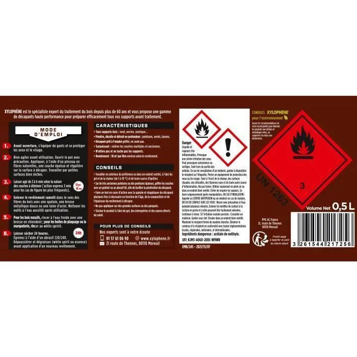Xylophene - Décapant gel pour bois 1 L - Effet frisant, action express 3 min - Peintures, vernis, lasures sur bois neufs et anciens