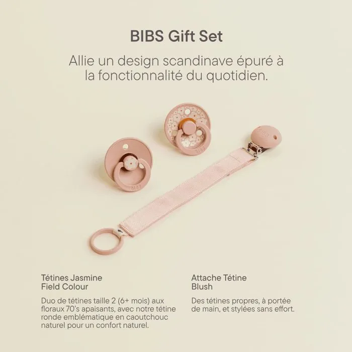Bibs Coffret cadeau bébé - Sucette & attache - Embout rond - T1 - Blush