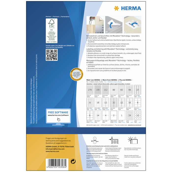 HERMA Étiquettes A4 blanches 96x63,5 mm détachables, 800 pièces