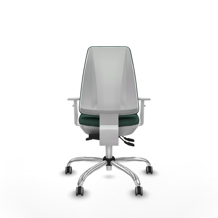 Chaise Elche Asynchrone Tissu Vert foncé Structure chromée Accoudoirs blancs Sans appui-tête Roulettes 65mm pour moquette