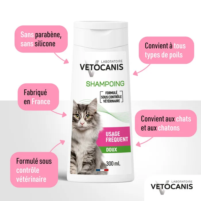 VETOCANIS - Shampoing pour chat 300 ml - Sans parabène, à la glycérine végétale - Poil doux et brillant