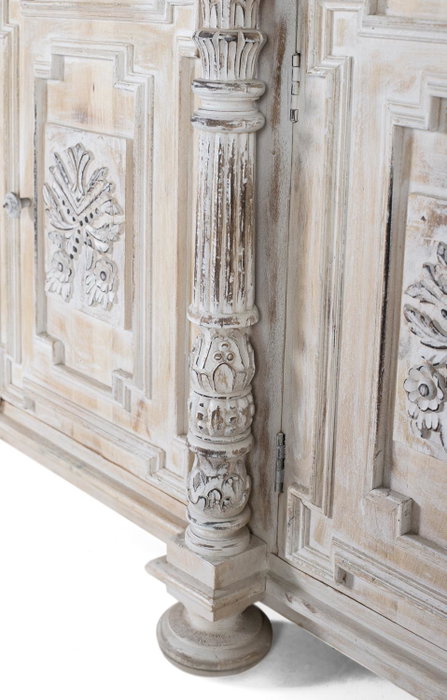 GINER Y COLOMER Buffet en bois de manguier avec 4 tiroirs et 4 portes, finition blanc vieilli - L.225 x H.100 cm