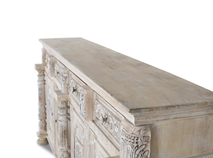 GINER Y COLOMER Buffet en bois de manguier avec 4 tiroirs et 4 portes, finition blanc vieilli - L.225 x H.100 cm
