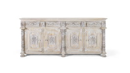 GINER Y COLOMER Buffet en bois de manguier avec 4 tiroirs et 4 portes, finition blanc vieilli - L.225 x H.100 cm