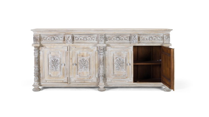 GINER Y COLOMER Buffet en bois de manguier avec 4 tiroirs et 4 portes, finition blanc vieilli - L.225 x H.100 cm
