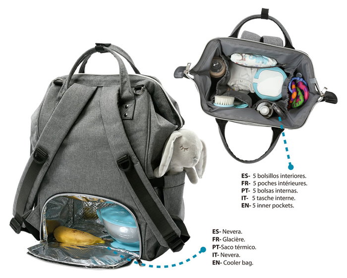 KioKids Sac à Dos Maternité Gris - Grande Capacité, Organisation Multiple, Changer Inclus, Port Bébé, Poches Thermos