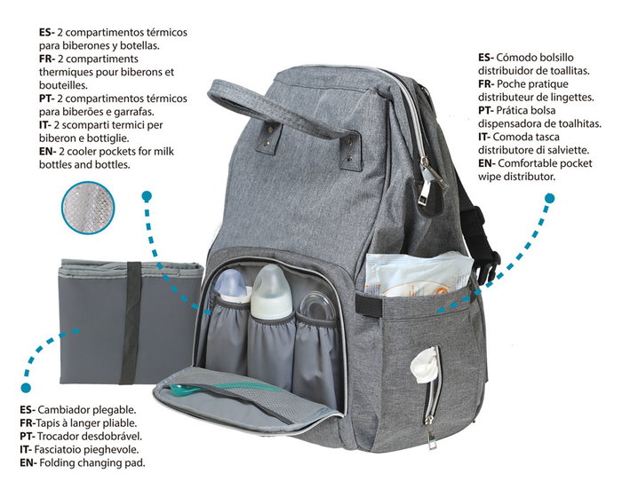 KioKids Sac à Dos Maternité Gris - Grande Capacité, Organisation Multiple, Changer Inclus, Port Bébé, Poches Thermos