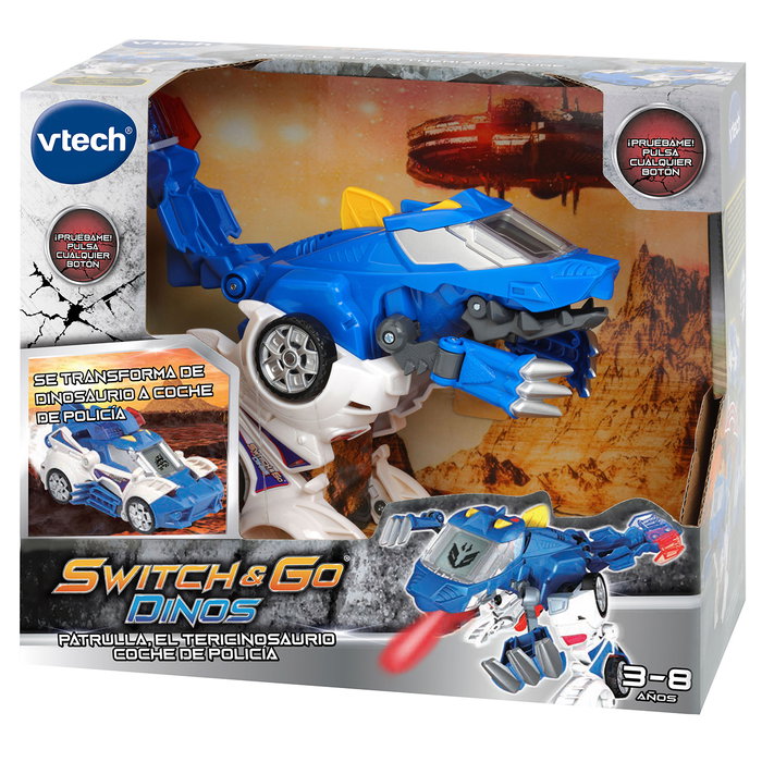 V-Tech Switch&Go Dinos Patrulla El Tericinosaurio 80-195022 - Voiture de police qui se transforme en dinosaure (Jeu en espagnol)