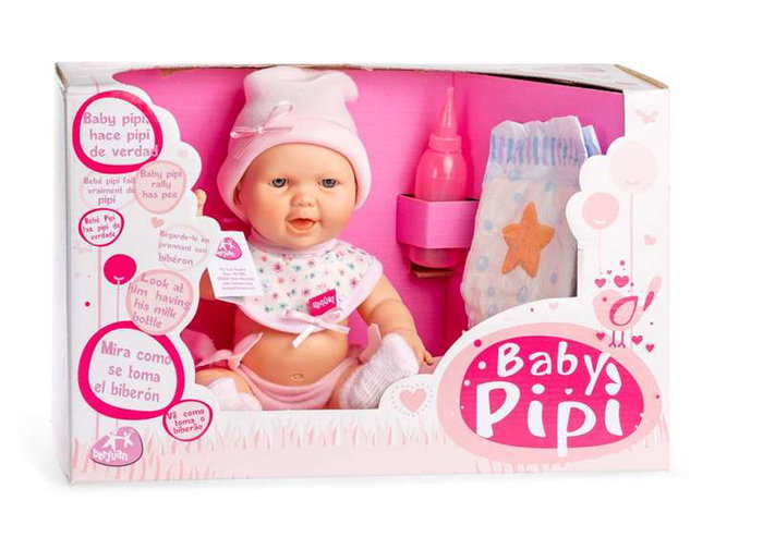Berjuan Bébé Pipi - Poupée bébé de 30 cm avec tenue rose et accessoires - Produit en espagnol