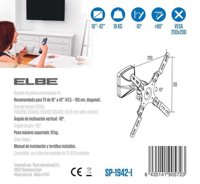 Elbe SP-1942-I - Support mural inclinable pour téléviseurs 19 à 42 pouces (VESA 50x50 à 200x200), inclinaison 10°, rotation 90°, capacité 10 kg, noir