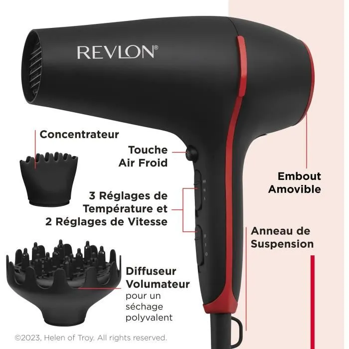 Revlon RVDR5317E Sèche-cheveux 2000W Smoothstay avec diffuseur volumateur et ioniseur d'air, 3 réglages chaleur/2 vitesses, traitement à l'huile de coco