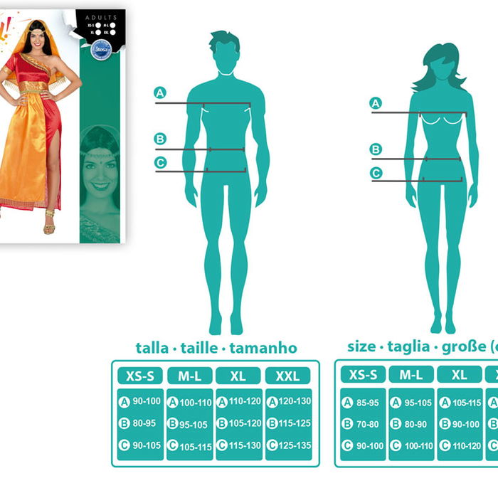 Déguisement Adulte Femme Thème Indien Naranja 3 Pièces (Vêtement, Voile, Diadème) en Polyester Multicolore - Taille XS-S