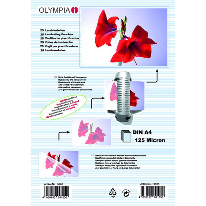 Olympia Pochettes de laminage DIN A4 125 micron, pack de 25 Olympia Pochettes de laminage DIN A4 125 micron, pack de 25