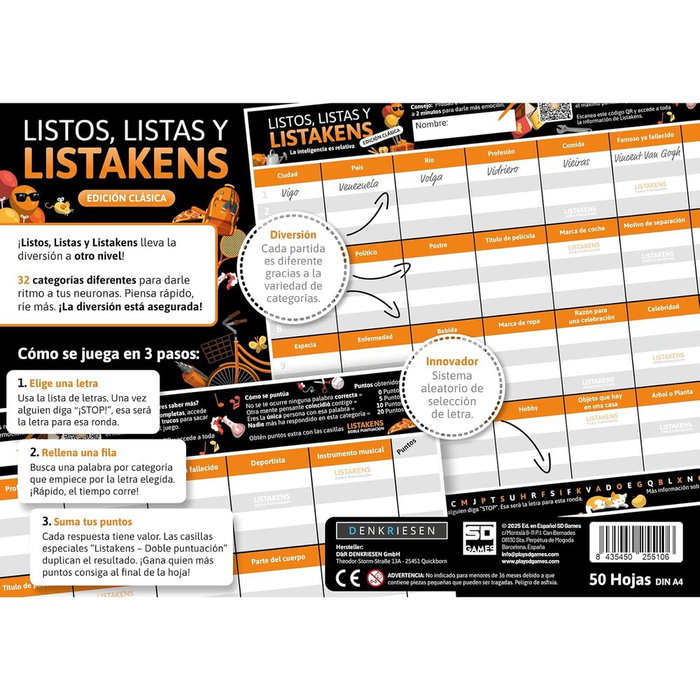 SD GAMES Juego mesa Listos Listas y Listakens - Jeu de société en espagnol pour 2+ joueurs, à partir de 12 ans, durée 45 min, jeu de rapidité et de lettres