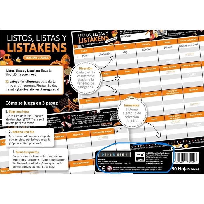 SD GAMES Juego mesa Listos Listas y Listakens - Jeu de société en espagnol pour 2+ joueurs, à partir de 12 ans, durée 45 min, jeu de rapidité et de lettres