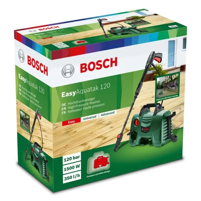 Bosch EasyAquatak 120 - Nettoyeur haute pression 120 bar, 1500 W, débit 350 L/h, avec rangement accessoires, pour voiture et jardin