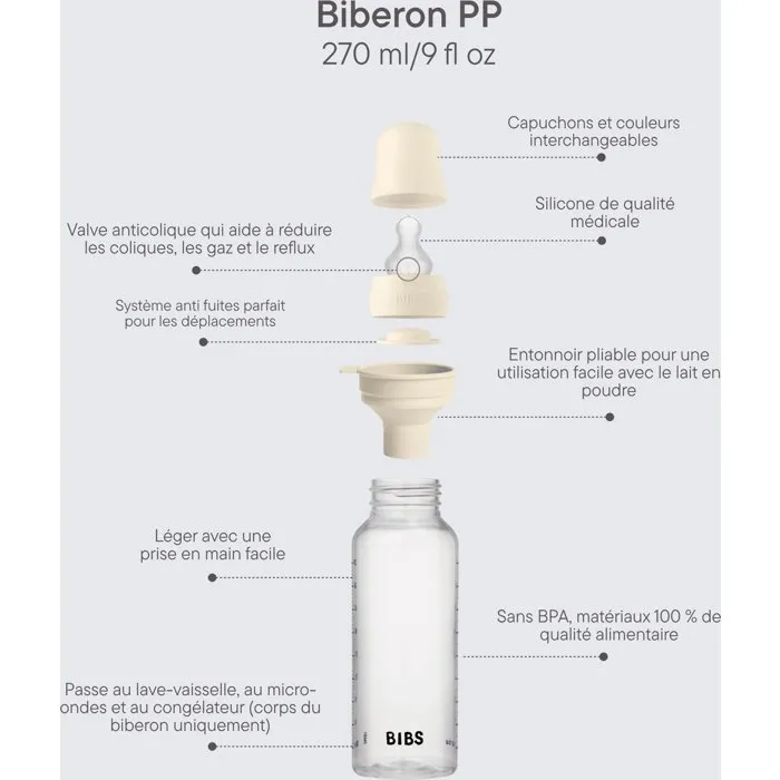 Bibs Biberon bébé avec embout rond en silicone, 270 ml, Ivory, Pack de 2