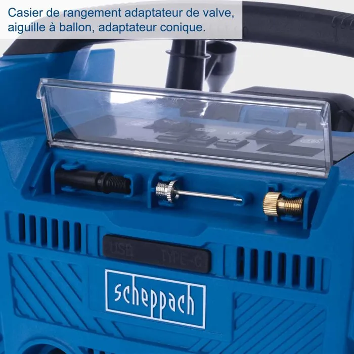 Scheppach Compresseur sans fil Airforce 6 - 10,3 bars max - 6 accessoires - Set S 20V IXES avec batterie 2Ah et chargeur 2.4A Scheppach Compresseur sans fil Airforce 6 - 10,3 bars max - 6 accessoires - Set S 20V IXES avec batterie 2Ah et chargeur 2.4A