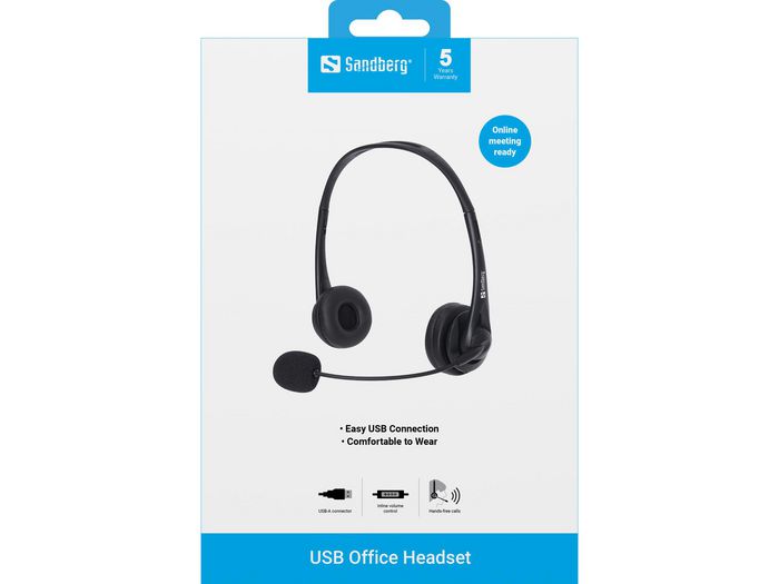 Sandberg USB Office Headset - Micro-casque USB pour téléphonie Internet et réunions en ligne avec fonction de réglage du volume intégré - Confortable