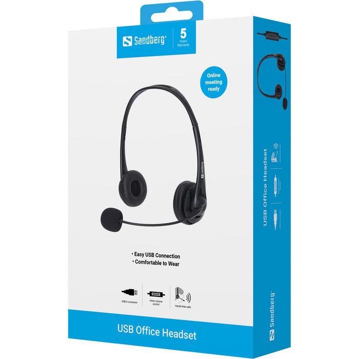Sandberg USB Office Headset - Micro-casque USB pour téléphonie Internet et réunions en ligne avec fonction de réglage du volume intégré - Confortable