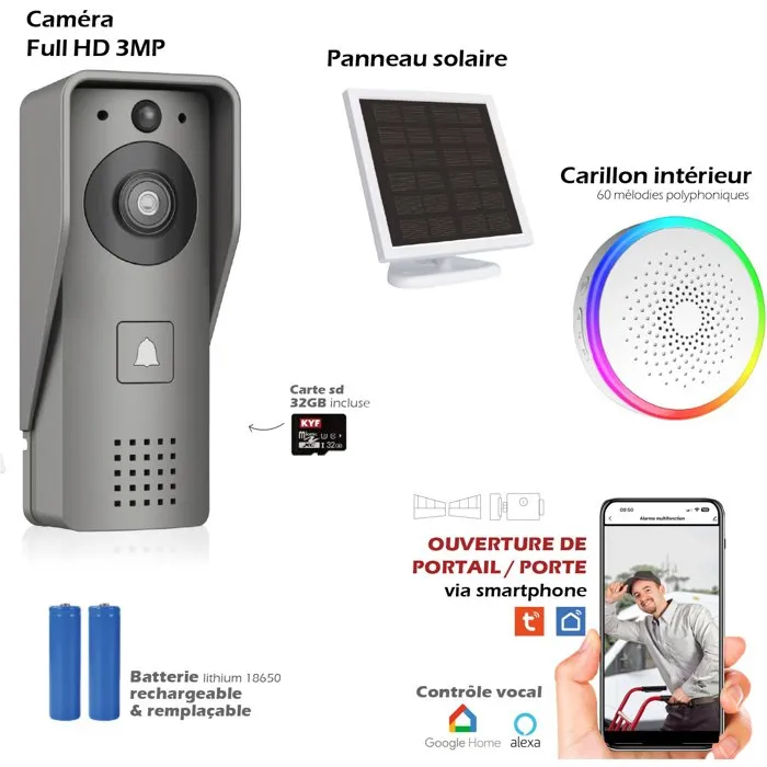 Kyf KYF Portier vidéo WiFi avec sonnette intérieure, rechargeable via panneau solaire et incluant une carte SD 16 Go