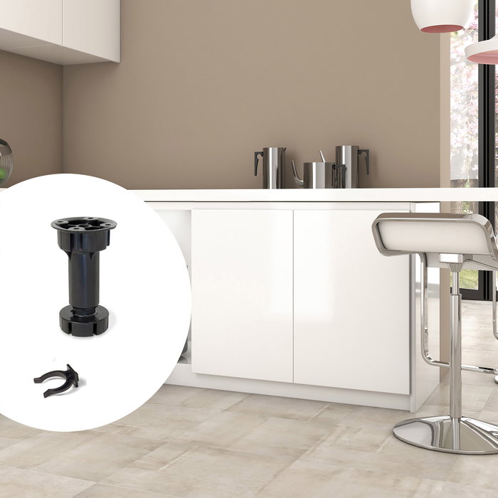 Emuca Lot de 10 kits de pieds de réglage pour meubles Bone, avec base pré-assemblée, hauteur 150mm, réglable 148-165mm, Plastique, Noir